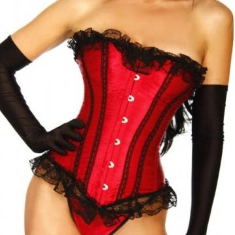 Red Satin Black Lace Corset Set - NEW